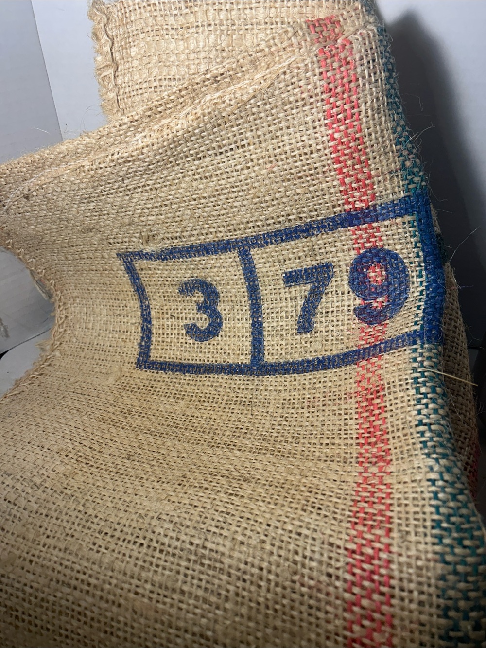 Natural Burlap Jute Sack with Blue Number Print - Rustic Home Accent 28x36 inch